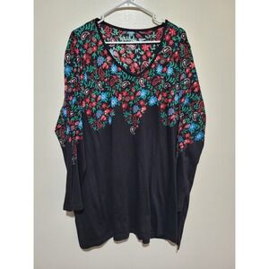 Ulla Popken Tunic Women 24/26 Black Floral Paisley Cotton V-Neck Top